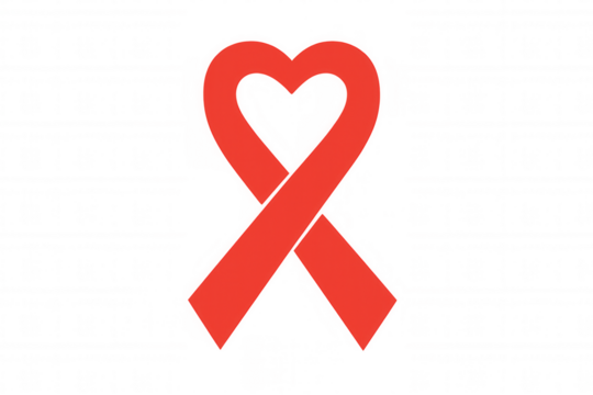 Red ribbon forming a heart shape, representing global aids awareness, hiv support, and charitable campaigns, with a transparent background