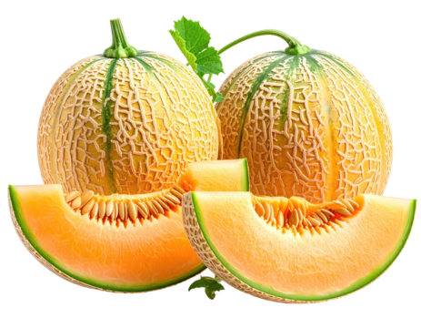 Two ripe cantaloupe melons with slices, displaying textured rind and vibrant orange flesh