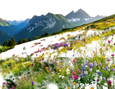 Sunny alpine meadow with vibrant wildflowers, leading to distant, snow-capped peaks