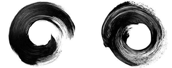 Black Circular Brush Stroke With Hand Drawn Textured Oil Paint Outline Isolated on a Transparent Background