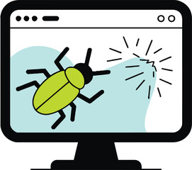 Vector art of a computer screen shows a bug crawling on it, the bug represents a software error or malware infecting the system