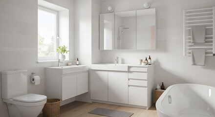 Contemporary all-white bathroom interior featuring modern fixtures and natural light