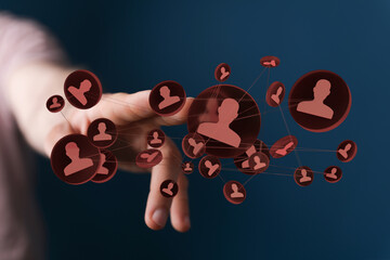 Hand connecting digital people network, representing teamwork and global communication. Networking, collaboration for social media.