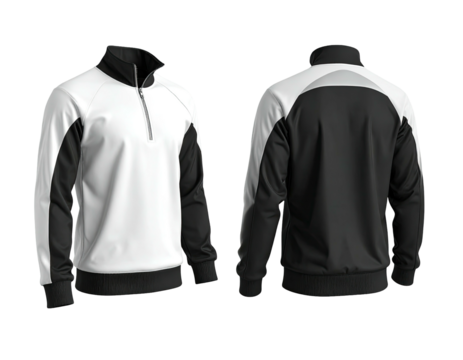 Front and back view of a two-tone athletic track jacket with a zip-up collar