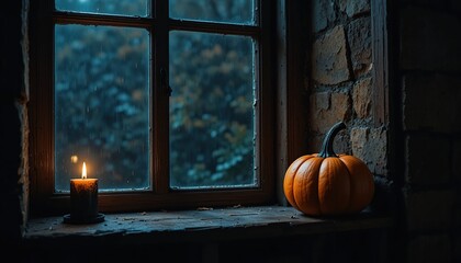 Obraz premium A cozy autumn scene with a pumpkin and a lit candle on a rustic wooden windowsill, rain falling outside a dark window