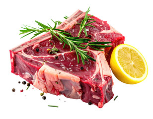 Raw T-bone steak, seasoned with rosemary, spices, and a lemon wedge