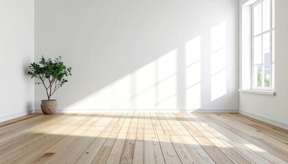 Bright Interior Scene with White Walls Hardwood Floor and Potted Plant Sunlight Streaming Through Window Empty Room with Minimalist Decor