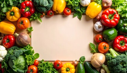 Fresh vegetables frame a blank card, creating a vibrant and healthy culinary canvas