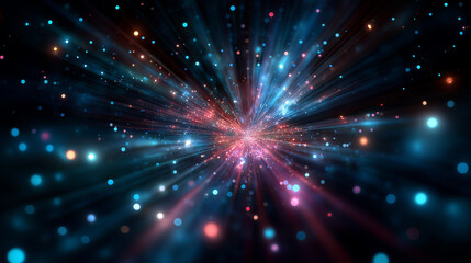 Fototapeta premium A vibrant explosion of light and particles creates an otherworldly atmosphere in deep space during twilight hours, under soft cosmic illumination, highlighting radiant colors and e