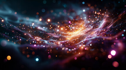 Fototapeta premium A vibrant explosion of light and particles creates an otherworldly atmosphere in deep space during twilight hours, under soft cosmic illumination, highlighting radiant colors and e