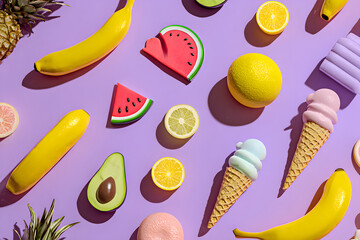 A delightful arrangement of assorted fruits and ice cream cones on a vibrant purple background, creating a playful and refreshing summer theme