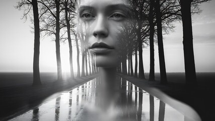 Double exposure portrait of a woman superimposed on a forest road