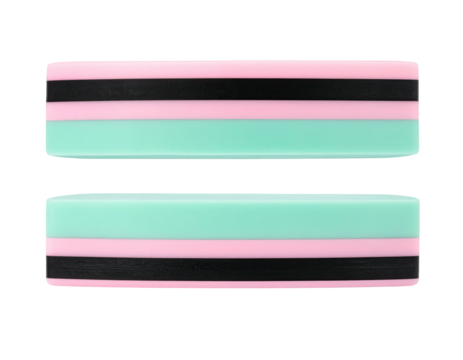 Two layered rectangular bars with pastel stripes on a stark black backdrop