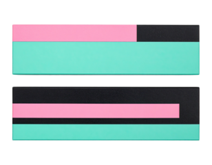 Two rectangular black boxes with pink and teal horizontal accents