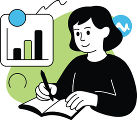 Vector art of a woman is analyzing data and writing in a notebook she is surrounded by graphs and charts, indicating her focus on data analysis