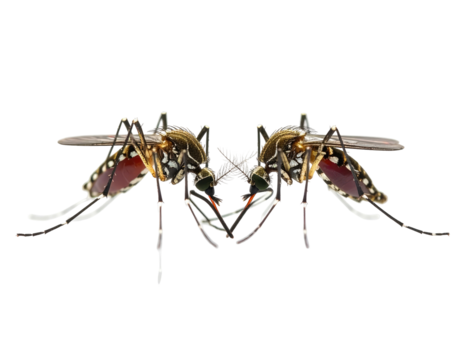 Two mosquitoes face each other, showing wings, legs, and proboscis details, black bg
