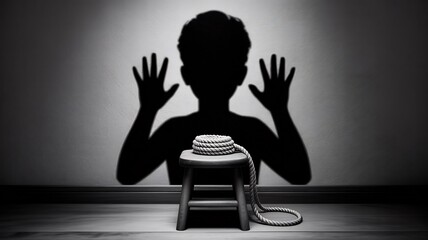 Shadow of a person with hands raised standing behind a stool with a noose