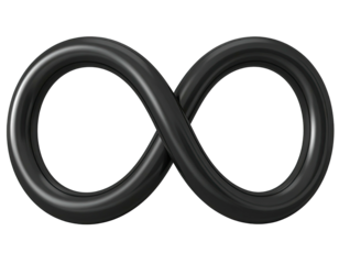 Dark, glossy, three-dimensional infinity symbol against a stark black backdrop