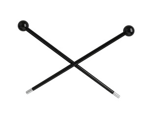 Two black crossed drumsticks with silver tips and round glossy ends