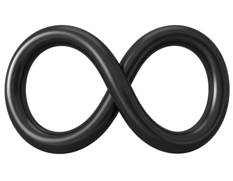 Dark, glossy, three-dimensional infinity symbol against a stark black backdrop