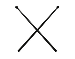 Two black drumsticks crossed against a stark black background