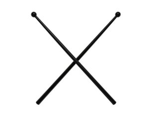 Two black drumsticks crossed against a stark black background