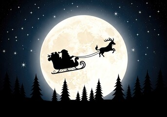 Photo of silhouette of santa claus riding in his sleigh with reindeer flying in front of a full moon and starry sky, christmas holiday background concept