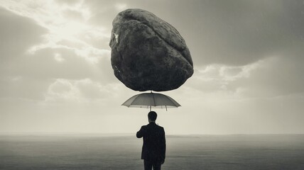 Man holding an umbrella with a large rock balanced on top, dramatic sky