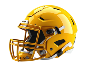 A shiny yellow football helmet with a face mask against a black background