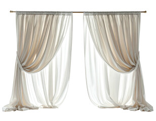 Two sheer, cream-colored curtains draped gracefully from a golden rod