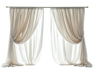 Two sheer, cream-colored curtains draped gracefully from a golden rod