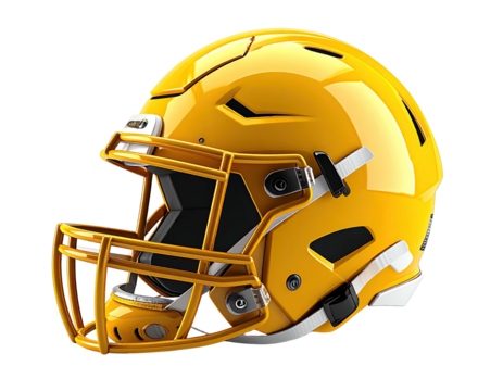A shiny yellow football helmet with a face mask against a black background