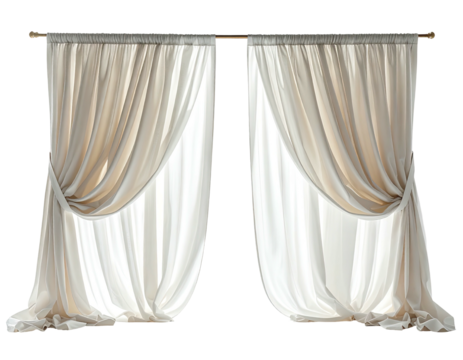 Two sheer, cream-colored curtains draped gracefully from a golden rod