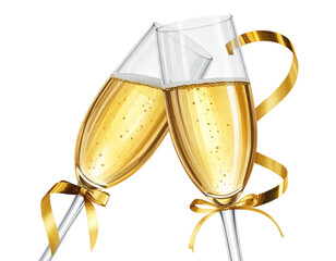 Two champagne flutes, crossed, overflowing with bubbles, decorated with gold ribbons