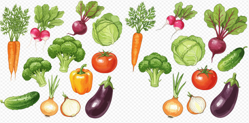 Watercolor illustration of various vegetables including carrots, broccoli, tomatoes, and eggplants arranged in two groups.