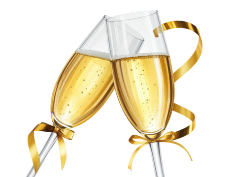 Two champagne flutes, crossed, overflowing with bubbles, decorated with gold ribbons