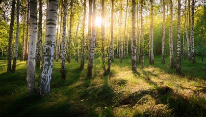 Sunlight Filtering Through A Birch Forest
