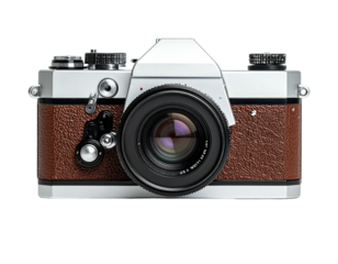 Vintage camera with a brown leather body and a silver top plate, facing front