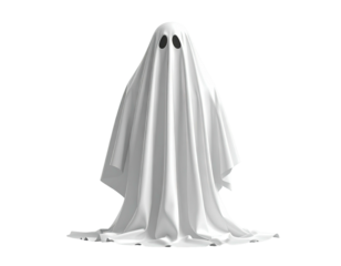 White sheet draped figure with black oval eyes floating against black background