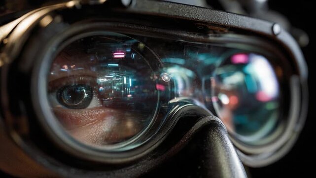 Close-Up Focus on High-Tech Goggles Highlighting Intricate Design and Enhanced Vision Features, Perfectly Capturing the Reflection of a Complex Environment through Advanced Optical Technology