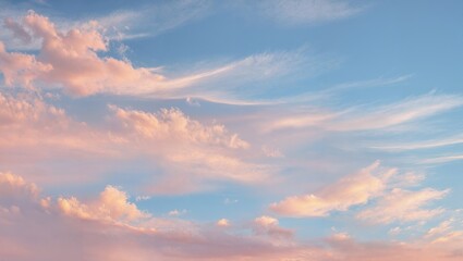 Obraz premium Pastel pink and peach clouds drifting across a soft blue sky at sunset with wispy cirrus streaks glowing warm light serene gradient horizon calm atmospheric texture