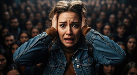 Woman covering ears in fear amidst a crowd, overwhelmed by noise