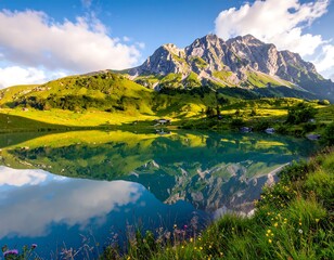 Mountain lake reflection at dawn