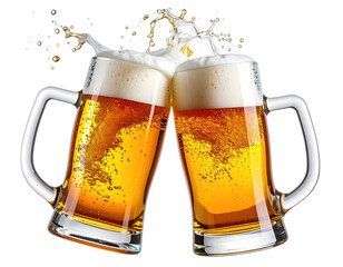 Two overflowing beer mugs clinking, creating a splash of golden liquid