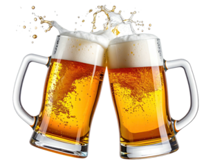 Two overflowing beer mugs clinking, creating a splash of golden liquid