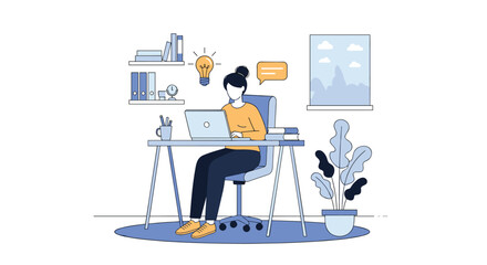 A person sitting at a desk working on a laptop with plants and art in the background.