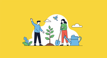 Naklejka premium People planting a tree together in a garden illustration.