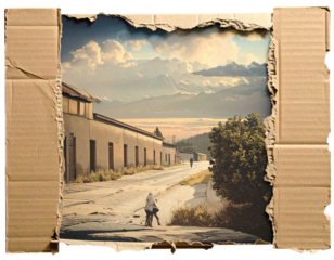 A serene landscape framed by torn cardboard, depicting a road and mountains