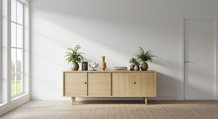 Minimalist interior design featuring a wooden cabinet and plants in a bright room