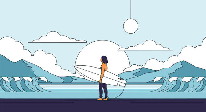 A surfer stands on the beach holding a surfboard and gazing out at the ocean and mountains.